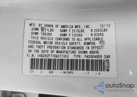 2013 Honda Accord Ex z USA, uszkodzony, nr VIN 1HGCR2F77DA071555